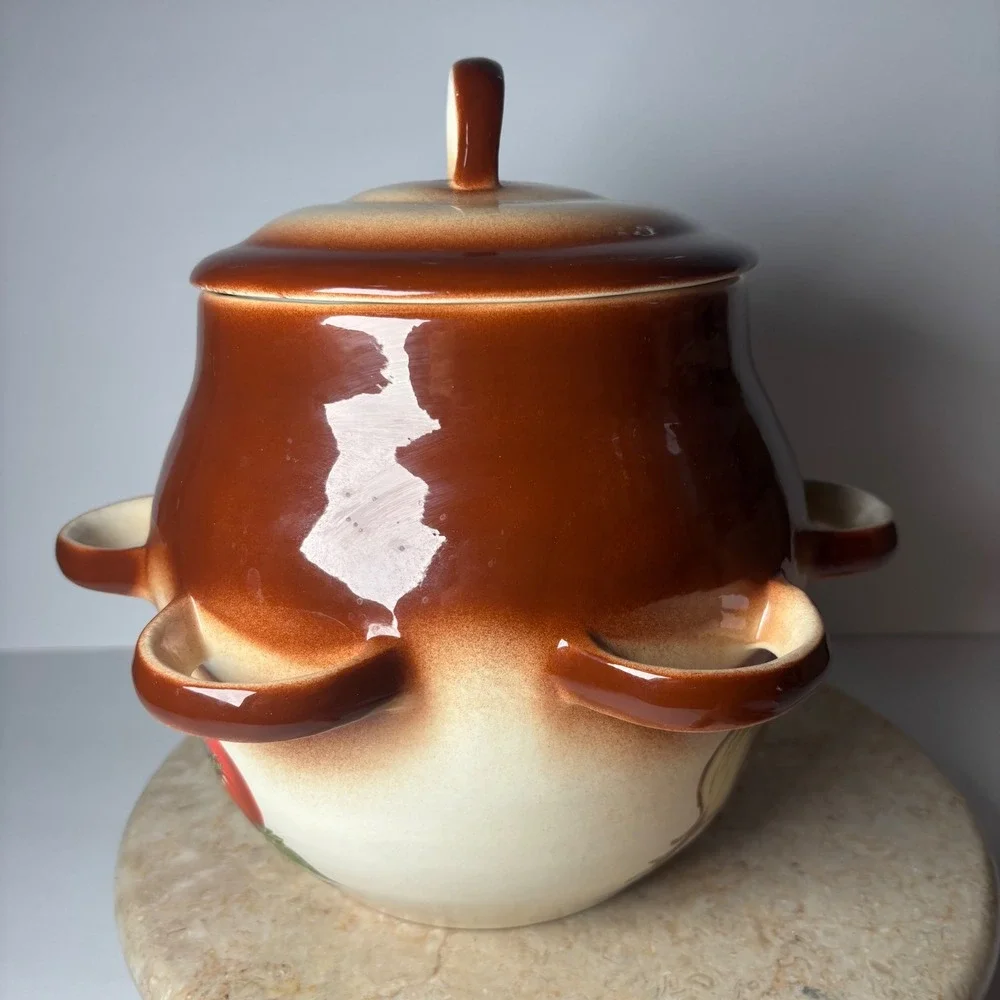 Vintage Ceramic Vegetable Soup Tureen Lidded Bean Pot Brown Cream 6-Handle Large